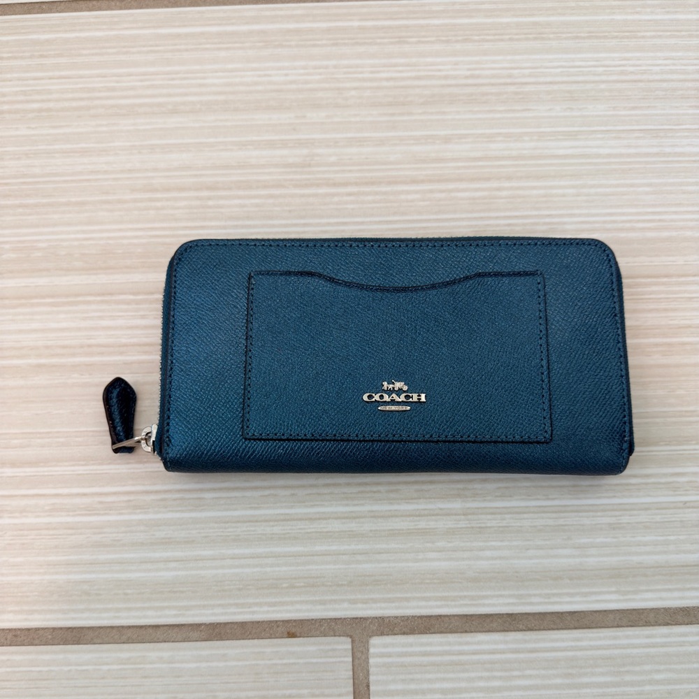 Coach Teal Metallic Zip Around Leather Wallet